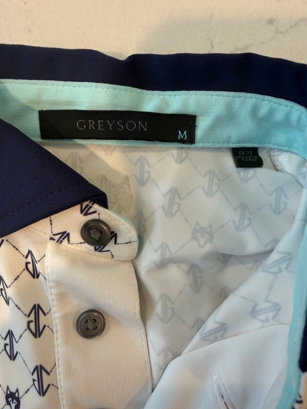 Greyson White Polo with Navy Geometric Pattern & Navy Collar - Picture 2 of 4